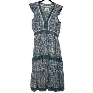 Bell by Alicia Bell Blue Green Lola Floral Ruffle Cottagecore Maxi Dress Size XL